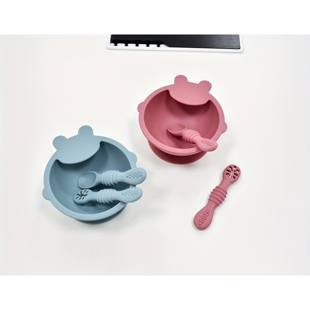 Set de repas en silicone pour bébé 10 pièces (assiette/bol/bavoir/tasse/cuillère/fourchette) - Rose