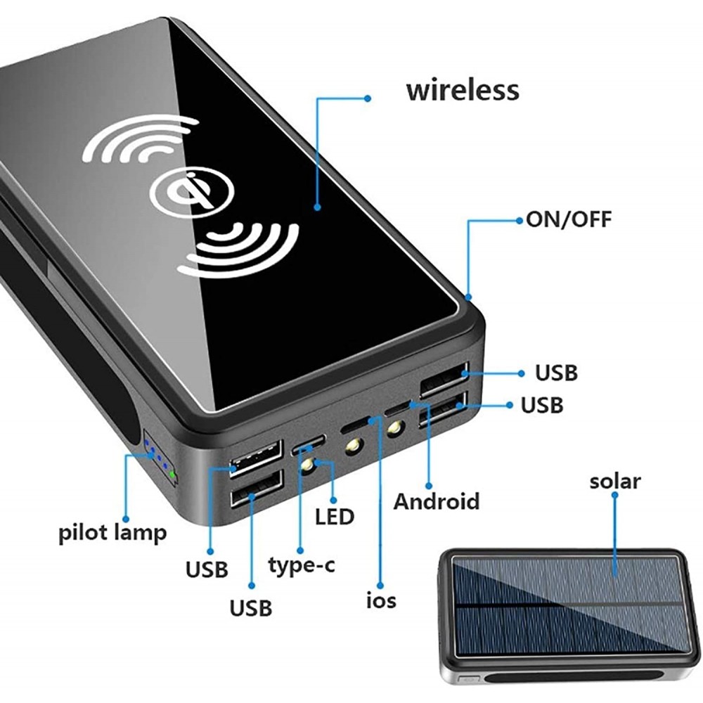 Solar Power Bank Qi Ultra Capacity 80000 mAh wireless externe Batterie - Schwarz