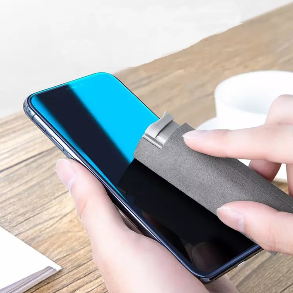 2-in-1-Reinigungsspray für Smartphone-Displays mit integriertem Mikrofasertuch - Grau
