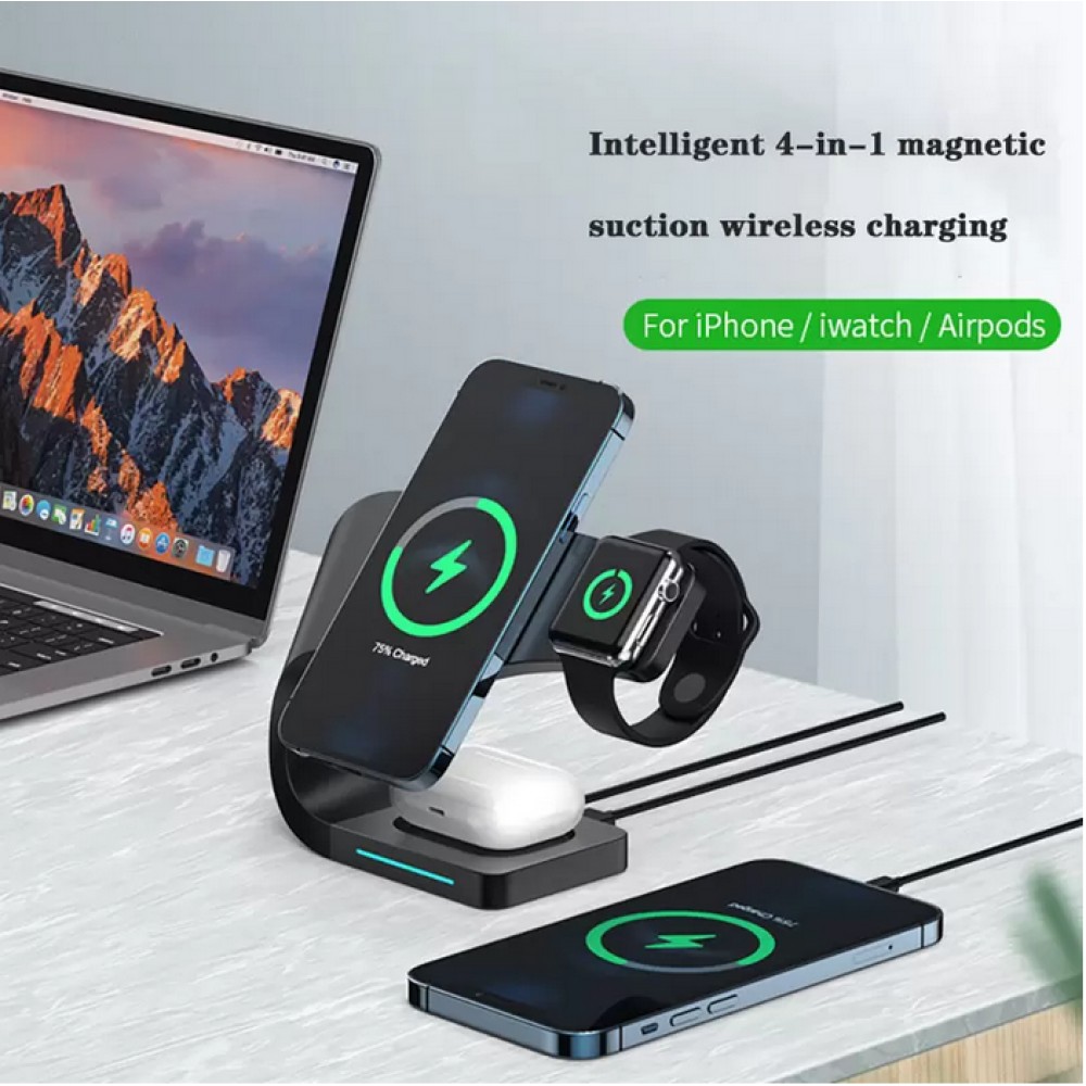 Station de charge 15W sans fil 4 en 1 magnétique pour iPhone - Apple Watch, AirPods - Noir