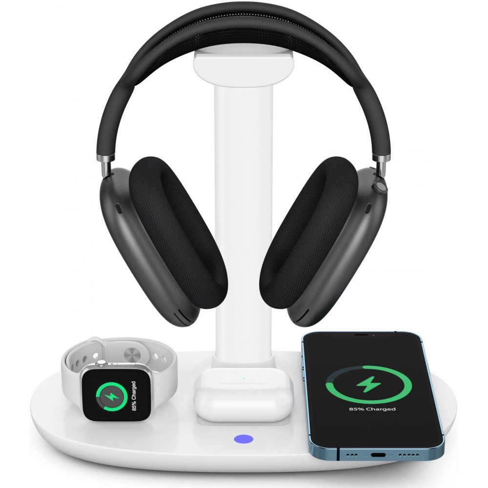 Station de charge 4 en 1 moderne 30W sans fil avec support casque pour AirPods Max, iPhone, Apple Watch, AirPods - Blanc