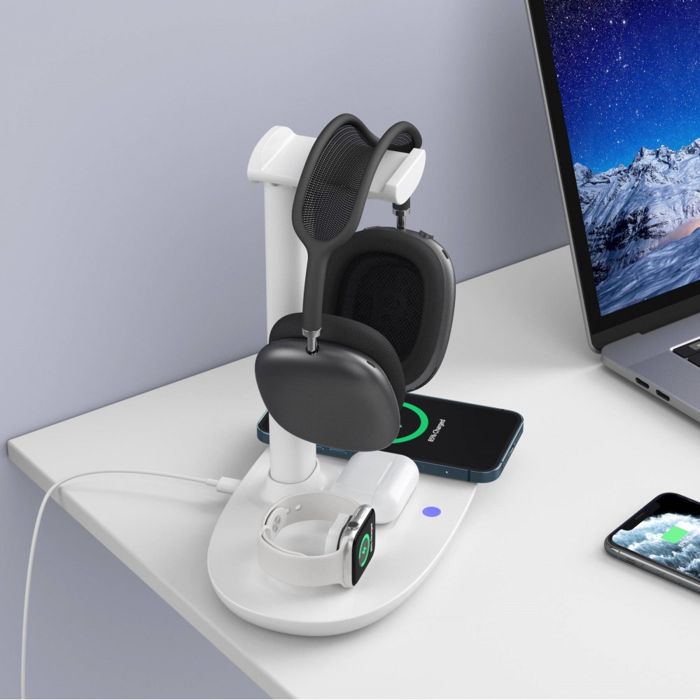 Station de charge 4 en 1 moderne 30W sans fil avec support casque pour AirPods Max, iPhone, Apple Watch, AirPods - Blanc