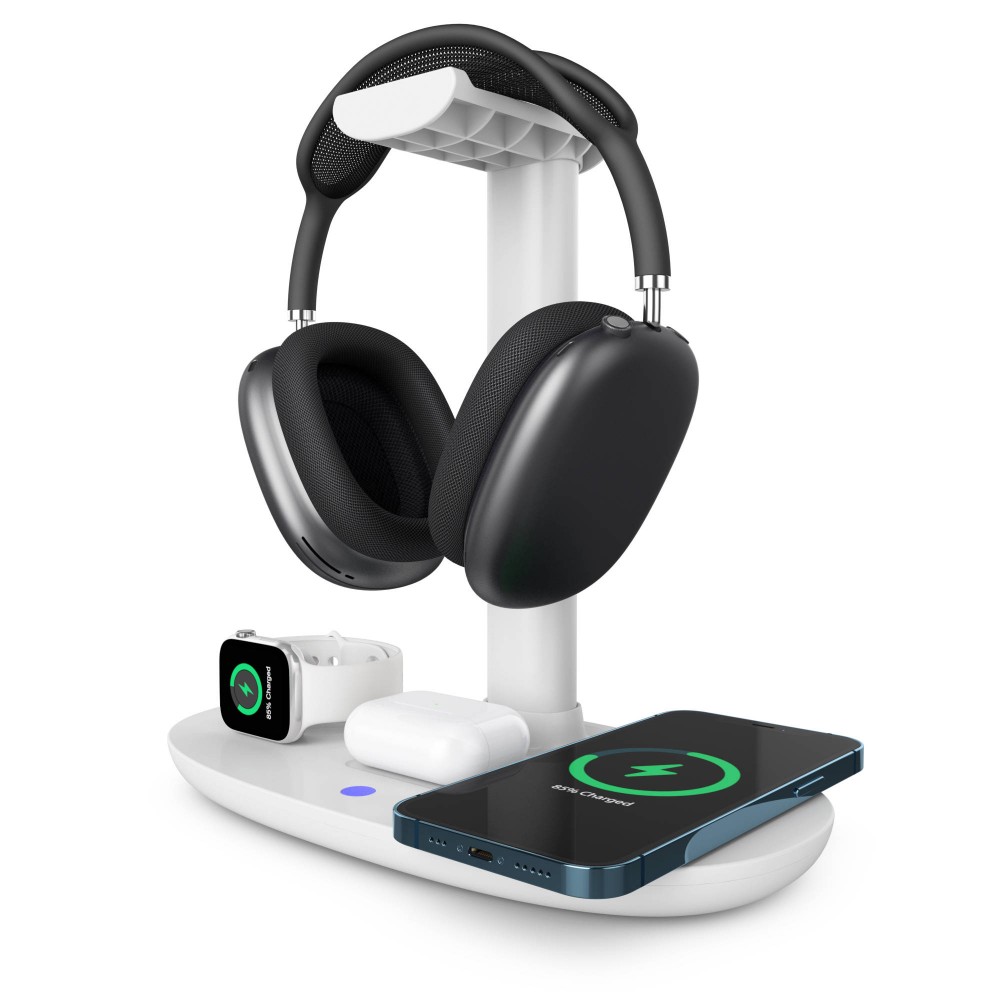 Station de charge 4 en 1 moderne 30W sans fil avec support casque pour AirPods Max, iPhone, Apple Watch, AirPods - Blanc