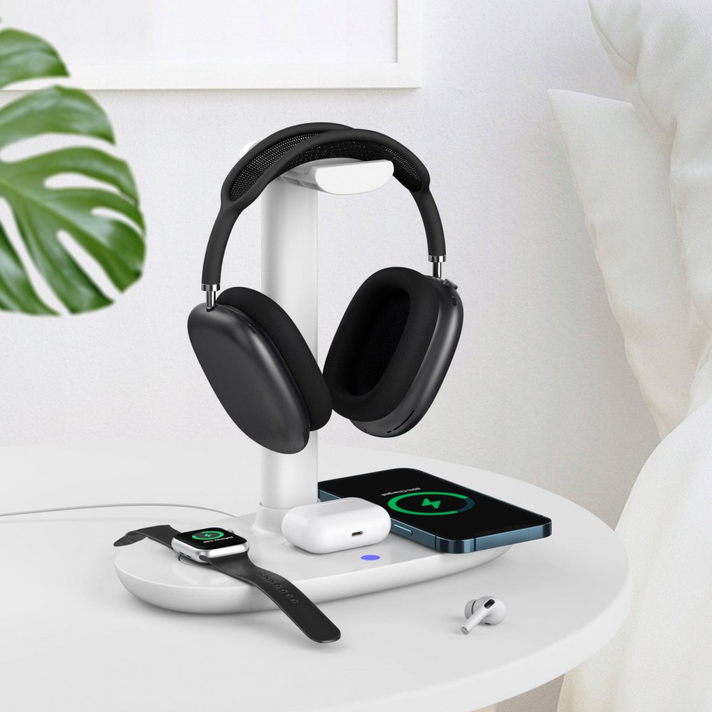 Station de charge 4 en 1 moderne 30W sans fil avec support casque pour AirPods Max, iPhone, Apple Watch, AirPods - Blanc
