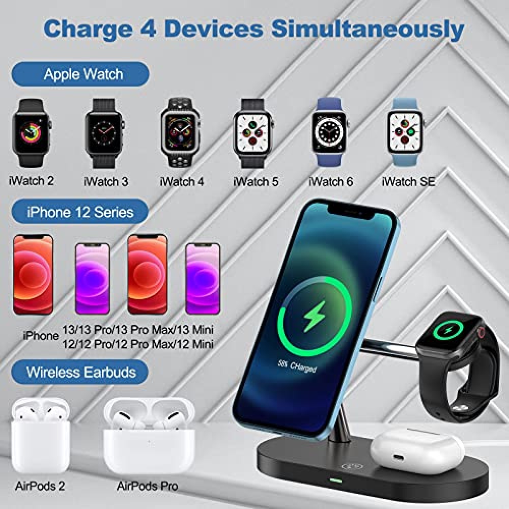5 in 1 Magnetische Wireless Ladestation für iPhone - Apple Watch, AirPods inkl. LED Lampe - Schwarz
