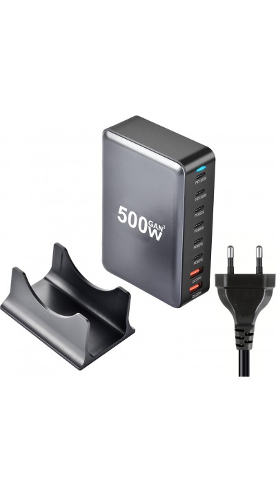 Schnellladegerät 500W 8 USB PD Quick Charge 3.0 USB-C mit Kabel CH/EU Stecker LED-Anzeige - Grau