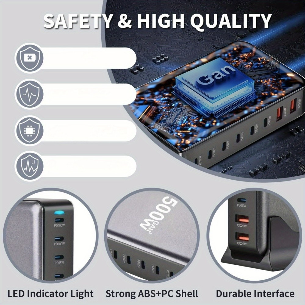 Station de charge rapide 500W 8 ports USB PD Quick Charge 3.0 USB-C avec câble inclus prise CH/EU indicateur LED - Gris