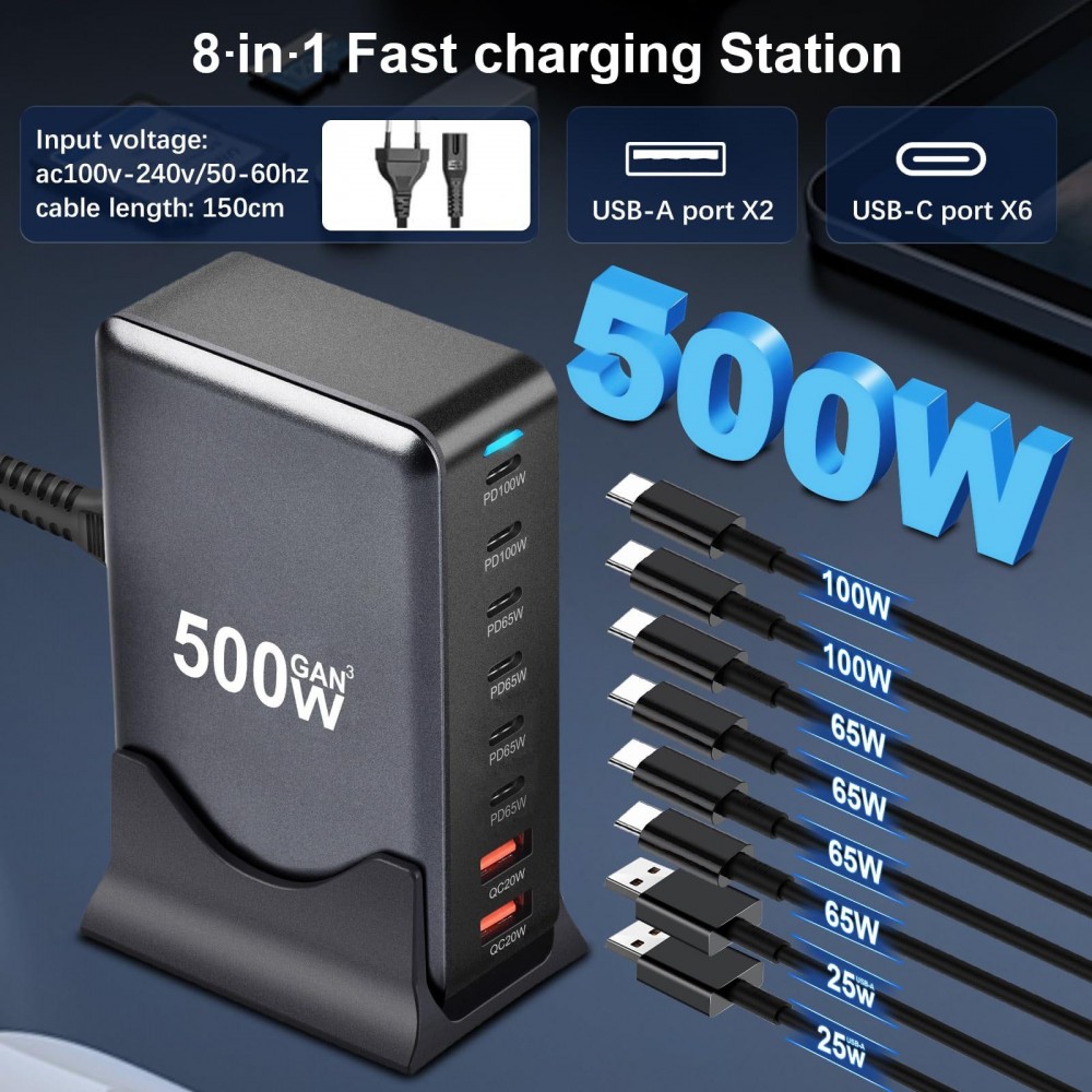 Station de charge rapide 500W 8 ports USB PD Quick Charge 3.0 USB-C avec câble inclus prise CH/EU indicateur LED - Gris