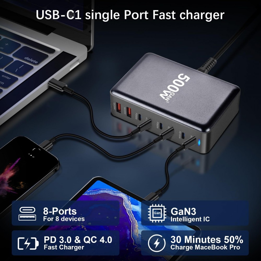 Schnellladegerät 500W 8 Ports USB PD Quick Charge 3.0 USB-C mit Kabel CH/EU Stecker LED-Anzeige - Grau