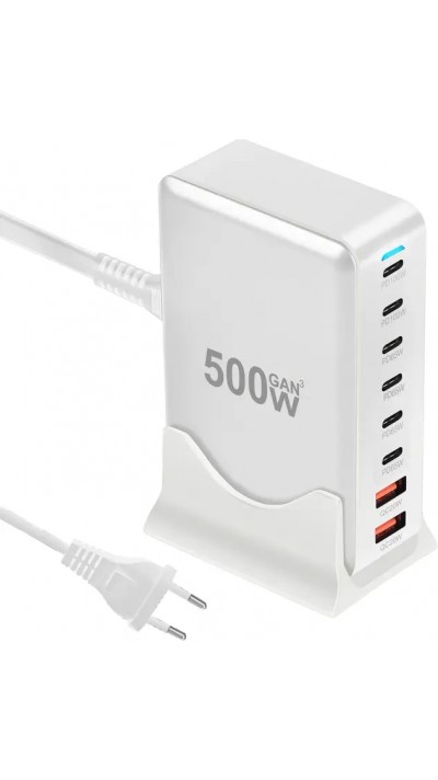 Schnellladegerät 500W 8 Ports USB PD Quick Charge 3.0 USB-C mit Kabel CH/EU Stecker LED-Anzeige - Grau