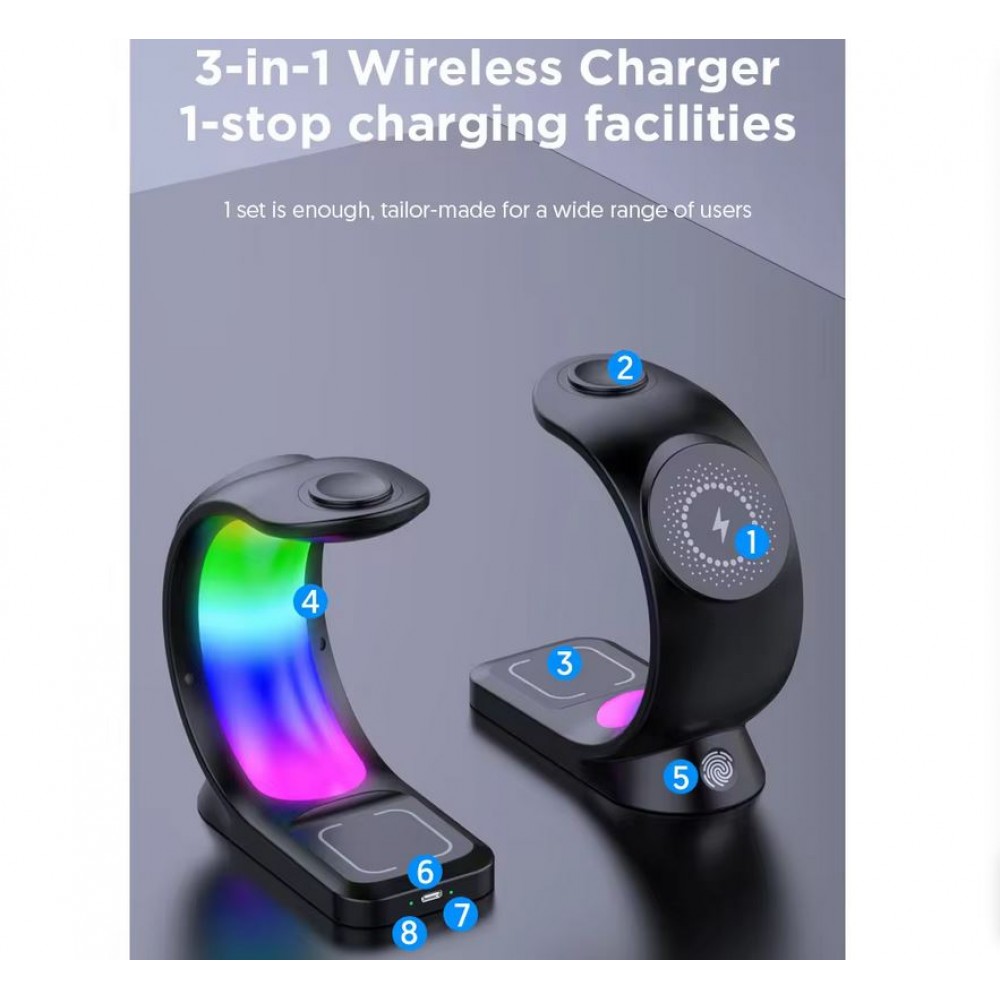 Ladestation wireless MagSafe 15W 3in1 (iPhone, AirPods, Apple Watch) mit RGB LED Licht - Schwarz