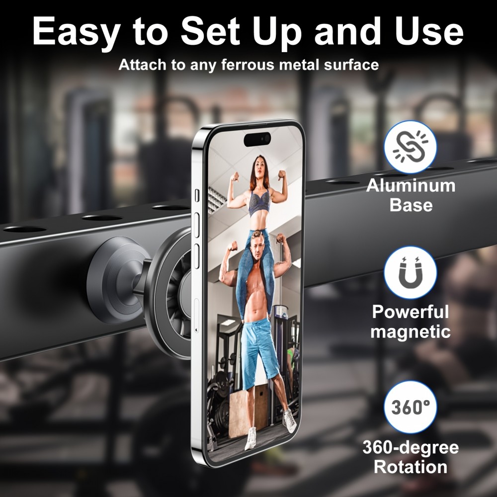 Support téléphone 360° MagSafe magnétique avec aimant réglable pour salle de sport ou support métallique - Noir