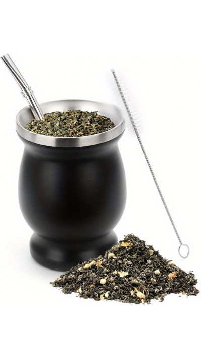 Yerba Mate Becher und Bombilla Set Edelstahl Vakuum (250 ml) mit Bürste - Schwarz