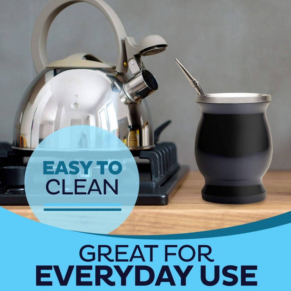 Yerba Mate Becher und Bombilla Set Edelstahl Vakuum (250 ml) mit Bürste - Schwarz