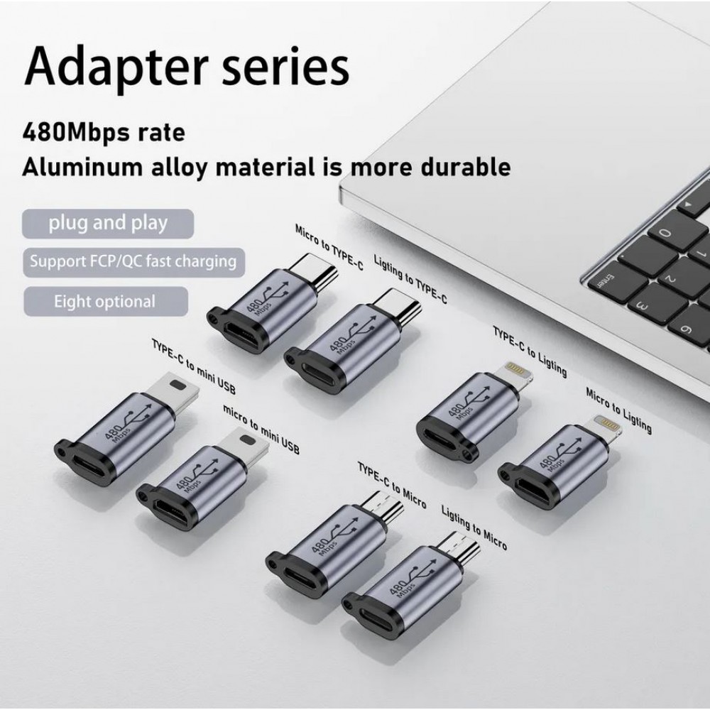 USB-C vers Micro USB - Adaptateur de charge de haute qualité Connecteur Transfert de données 480Mbps Aluminium