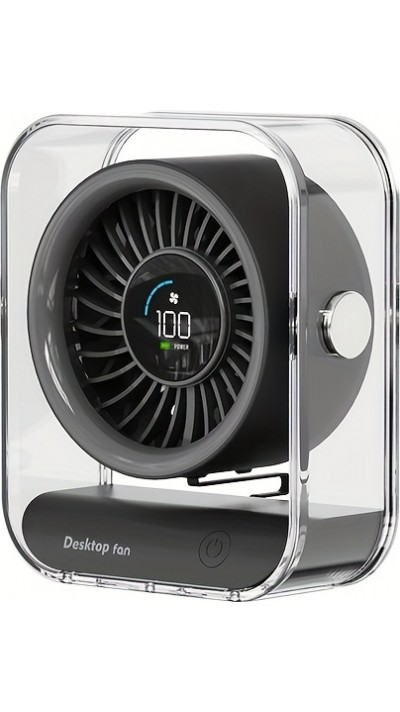 Transparenter tragbarer Design-Tischventilator mit LED-Display (3 Geschwindigkeiten) - Schwarz