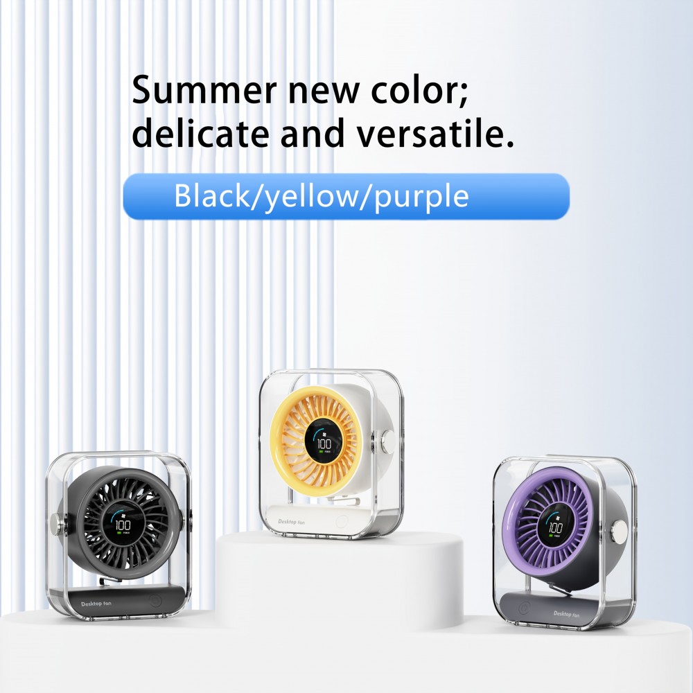 Transparenter tragbarer Design-Tischventilator mit LED-Display (3 Geschwindigkeiten) - Schwarz