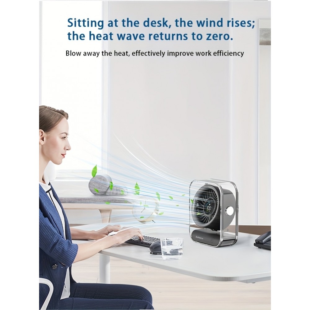 Transparenter tragbarer Design-Tischventilator mit LED-Display (3 Geschwindigkeiten) - Schwarz