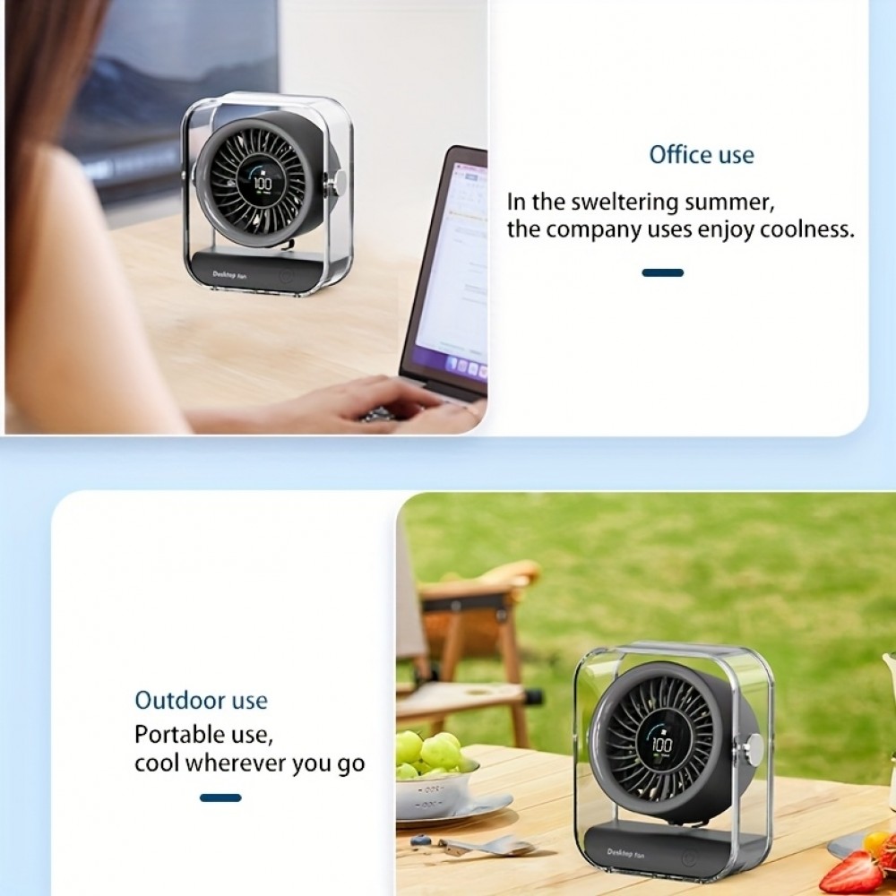 Transparenter tragbarer Design-Tischventilator mit LED-Display (3 Geschwindigkeiten) - Schwarz