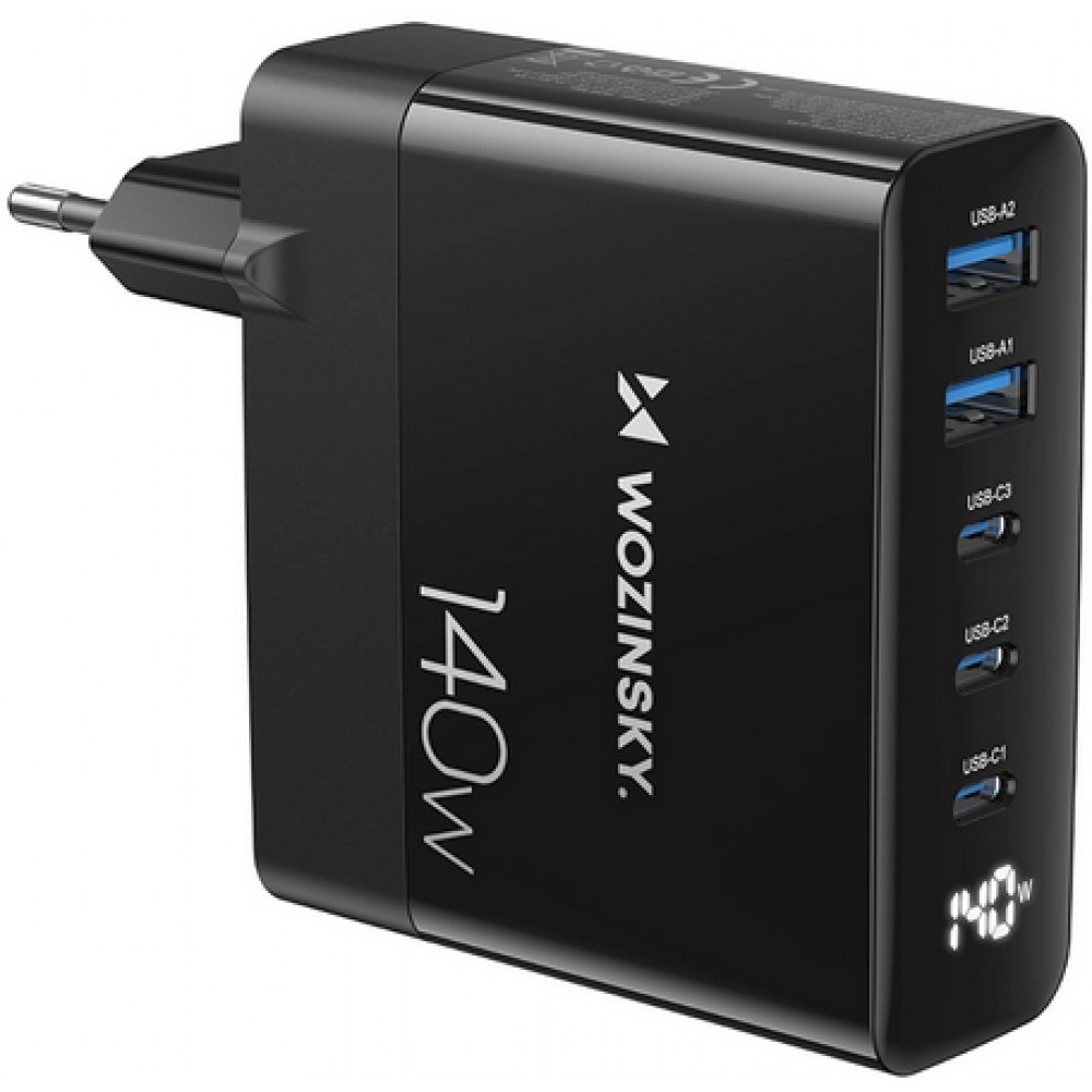 WOZINSKY Multi-Adapter 140W Fast Charger GaN 5 in 1 Powerbooster 3x USB-C + 2x USB-A  - Schwarz