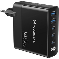 WOZINSKY Multi-Adapter 140W Fast Charger GaN 5 in 1 Powerbooster 3x USB-C + 2x USB-A  - Schwarz