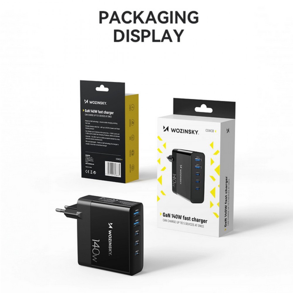 WOZINSKY Multi-Adapter 140W Fast Charger GaN 5 in 1 Powerbooster 3x USB-C + 2x USB-A  - Schwarz