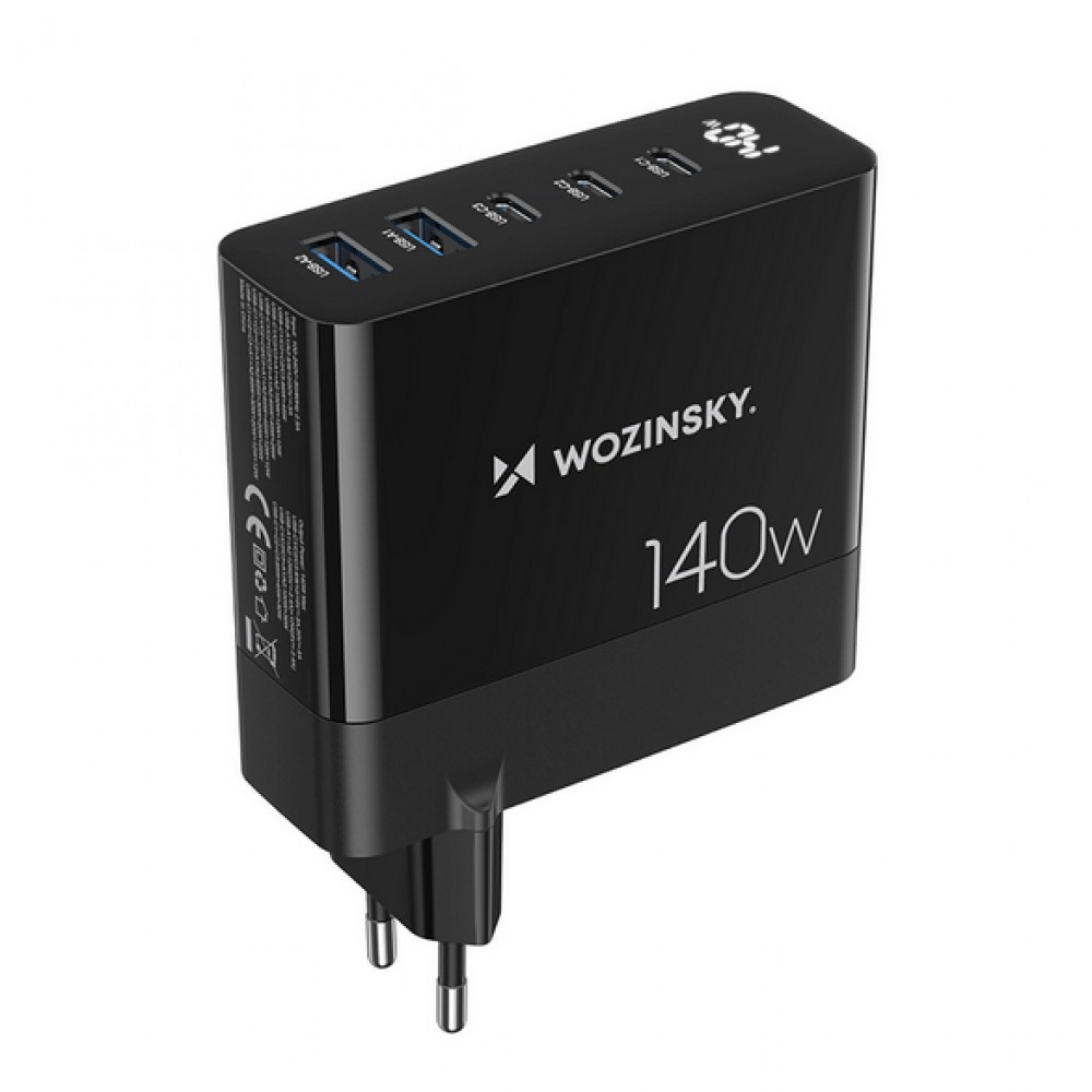 WOZINSKY Multi-Adapter 140W Fast Charger GaN 5 in 1 Powerbooster 3x USB-C + 2x USB-A  - Schwarz
