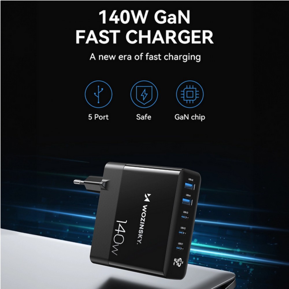 WOZINSKY Multi-Adapter 140W Fast Charger GaN 5 in 1 Powerbooster 3x USB-C + 2x USB-A  - Schwarz