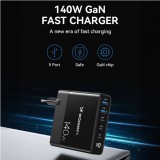 WOZINSKY Multi-Adapter 140W Fast Charger GaN 5 in 1 Powerbooster 3x USB-C + 2x USB-A  - Schwarz