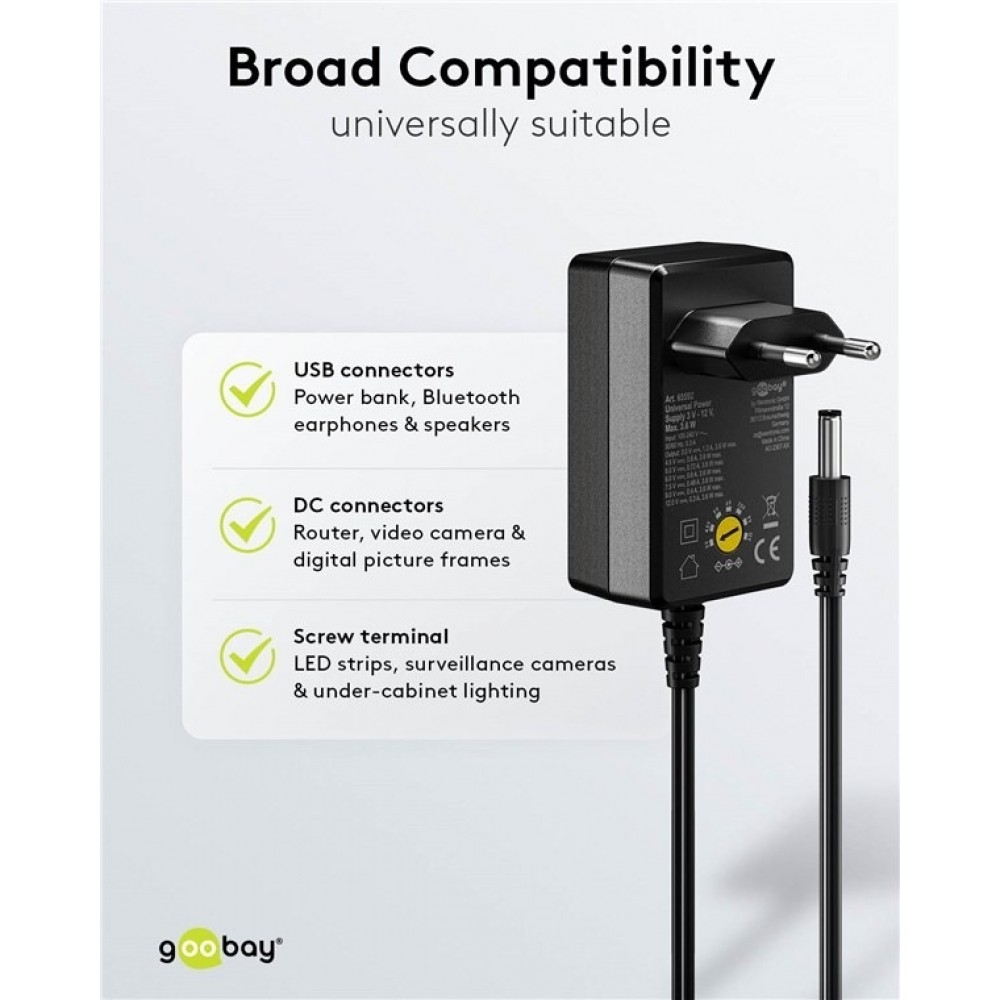 Goobay Universal-Netzteil 3V&ndash;12V max. 3,6W Regelbares Netzteil mit 12 Adaptern - Schwarz