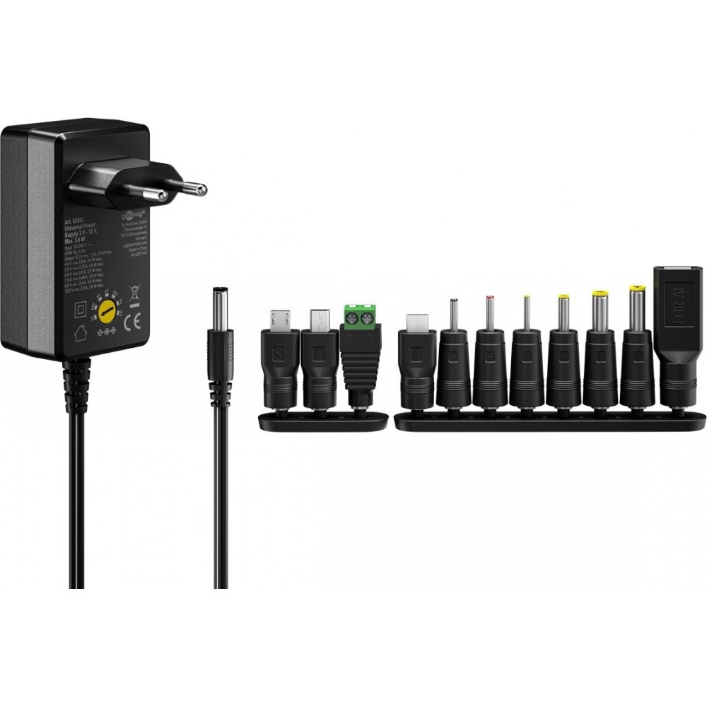 Goobay Universal-Netzteil 3V&ndash;12V max. 3,6W Regelbares Netzteil mit 12 Adaptern - Schwarz