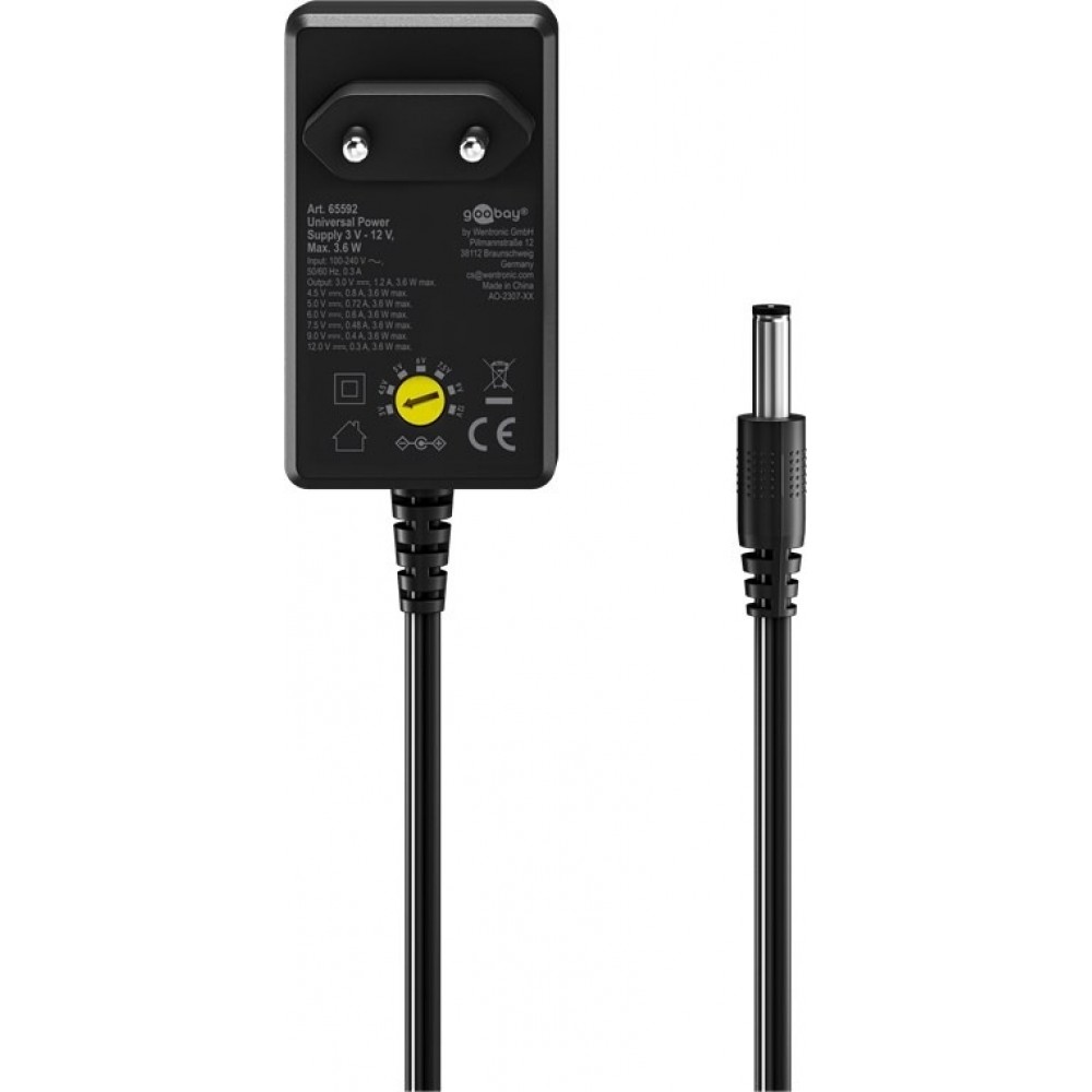 Goobay Universal-Netzteil 3V&ndash;12V max. 3,6W Regelbares Netzteil mit 12 Adaptern - Schwarz