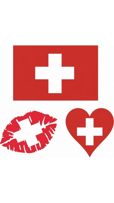 Autocollant tatouage temporaire 3D croix Suisse 60x60mm effet r&eacute;aliste (lot de 10 stickers) - Rouge