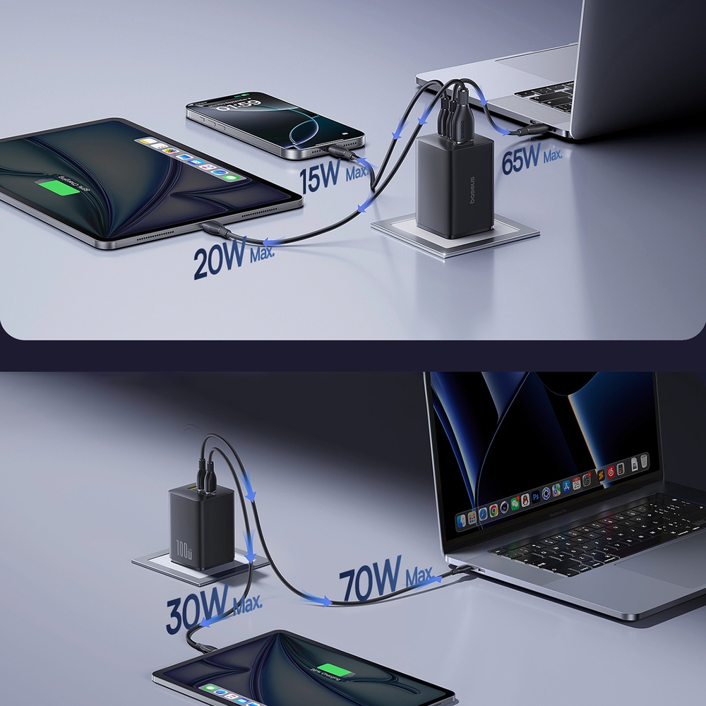 Baseus EnerFill FE11 3-in-1-Schnellladegerät für die Wandmontage 2x USB-C / USB-A 100W - Schwarz