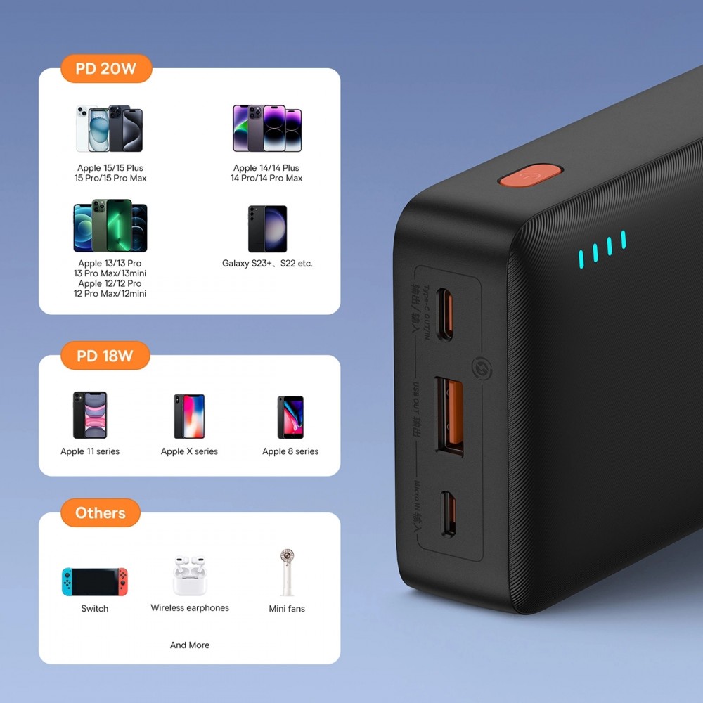 Powerbank externe Batterie Baseus Airpow 20000mAh Schnellladung 20W PD USB-A / USB-C - Schwarz