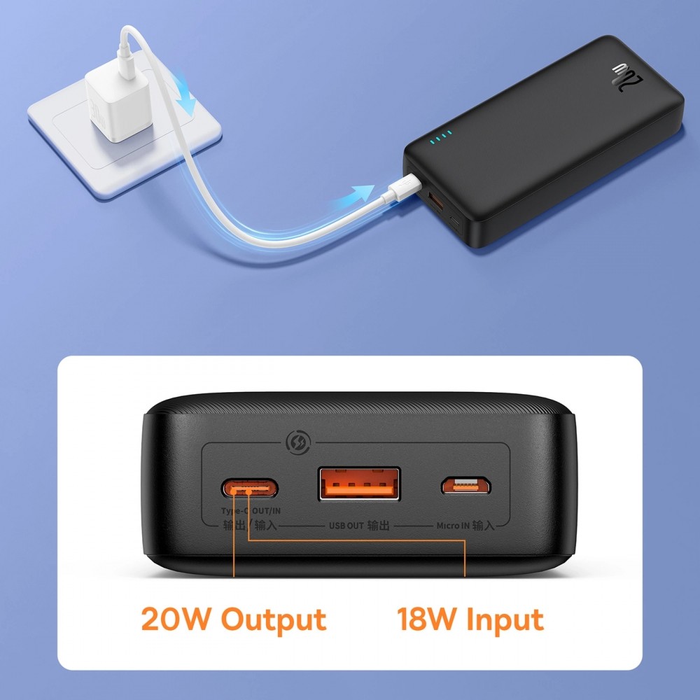 Powerbank externe Batterie Baseus Airpow 20000mAh Schnellladung 20W PD USB-A / USB-C - Schwarz