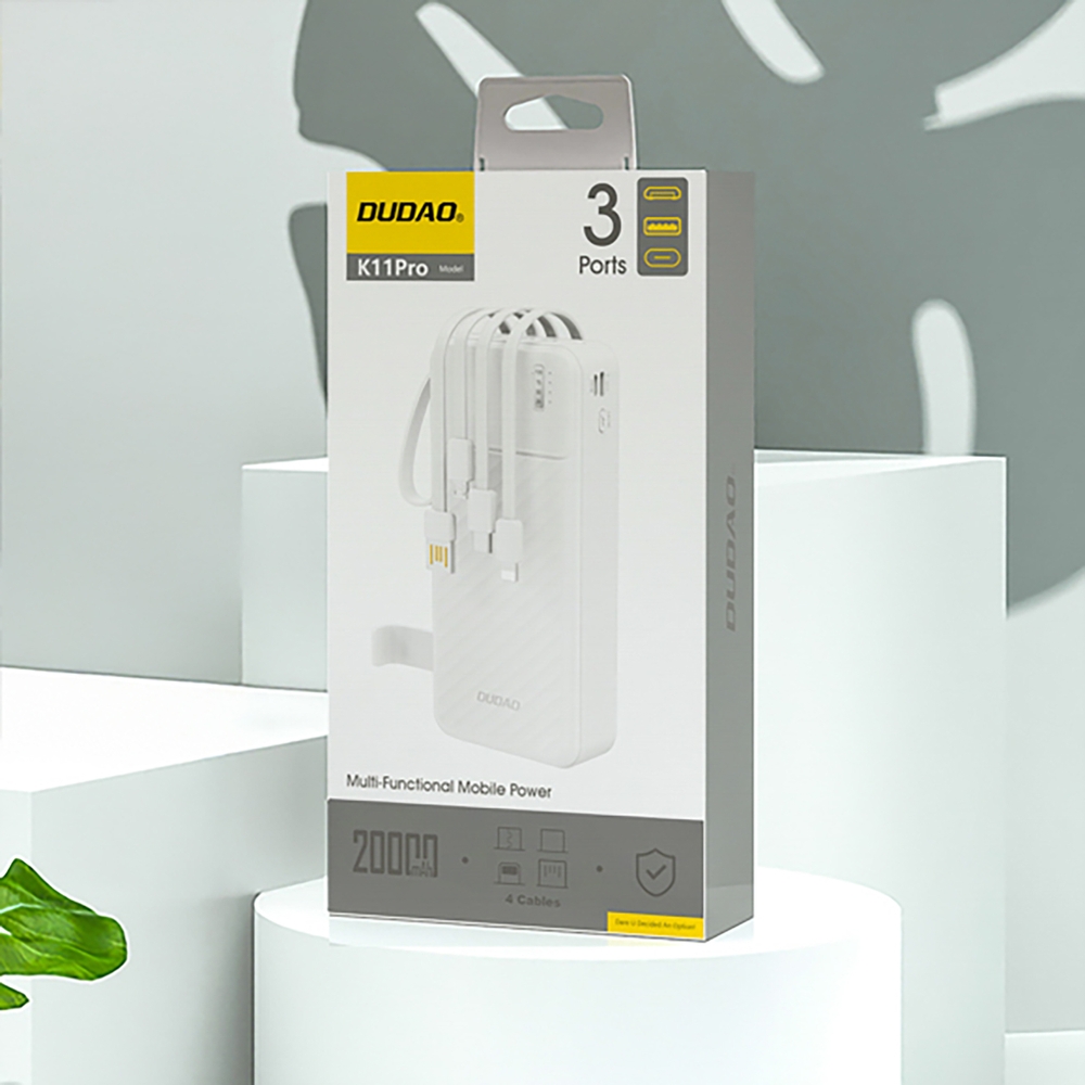 Batterie externe Dudao K11 Pro Powerbank 20000mAh avec câbles intégrés - Blanc