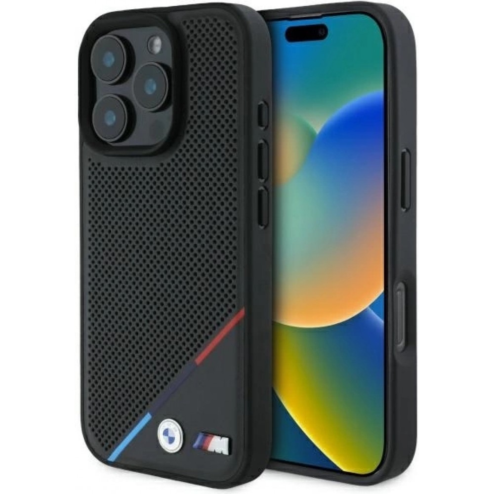 iPhone 16 Pro Max Case Hülle - BMW M Trikolore Design Perforiert MagSafe Kompatible Premium Schutz - Schwarz