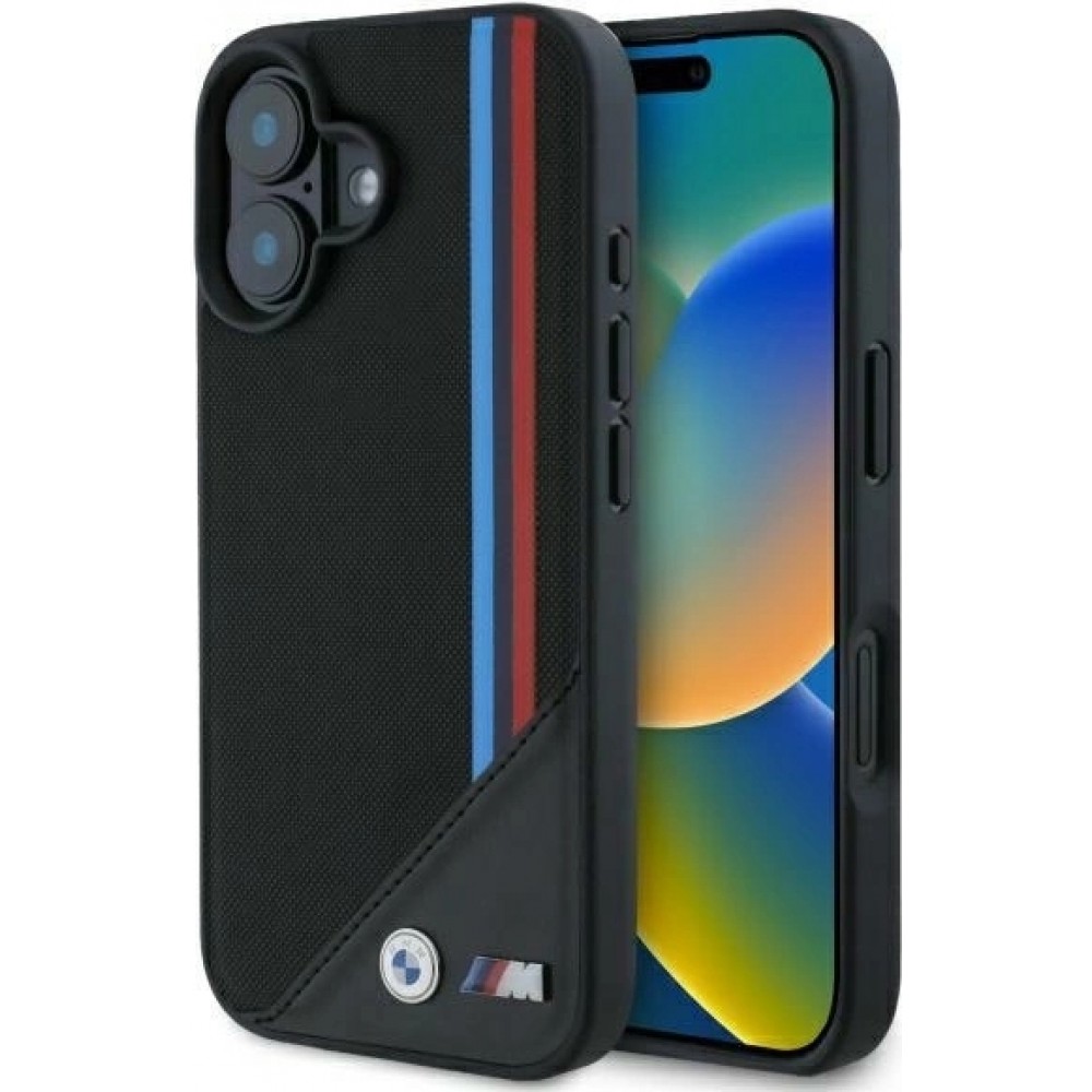 iPhone 16 Case Hülle - BMW M Tricolore Streifen MagSafe Leder - Schwarz
