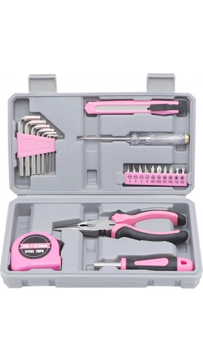 Boîte à outils pour fille / femme (23 pièces) pliable et compact avec tous les outils essentiels - Rose
