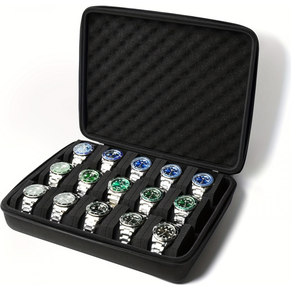 Uhrenaufbewahrungsbox 15 Plätze mit stoßdämpfendem Schaumstoffkissen für Reisen - Schwarz