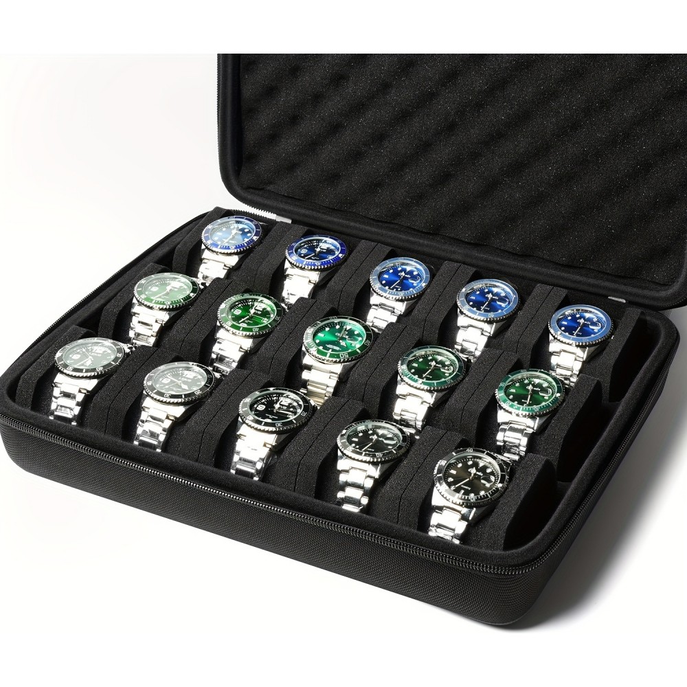Uhrenaufbewahrungsbox 15 Plätze mit stoßdämpfendem Schaumstoffkissen für Reisen - Schwarz