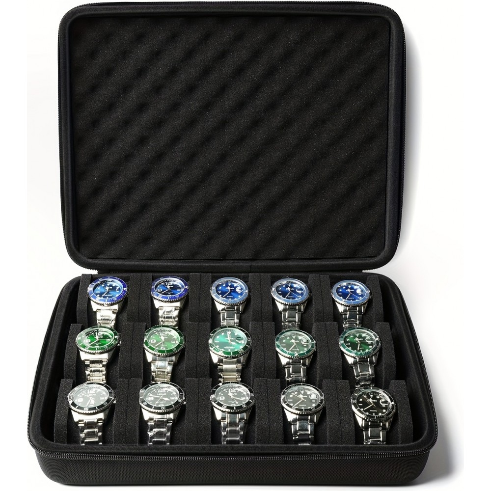 Uhrenaufbewahrungsbox 15 Plätze mit stoßdämpfendem Schaumstoffkissen für Reisen - Schwarz