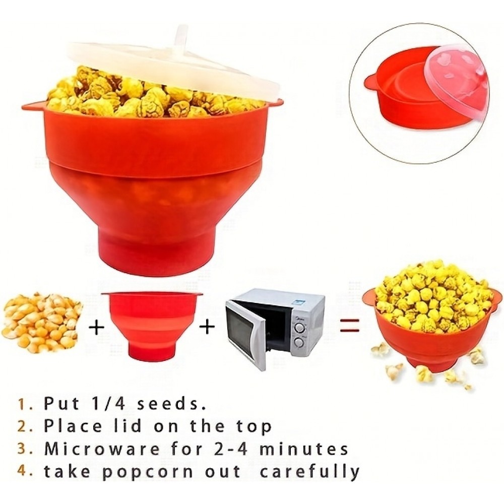 Mikrowellen Popcornschüssel aus faltbarem Silikon mit Deckel - Rot