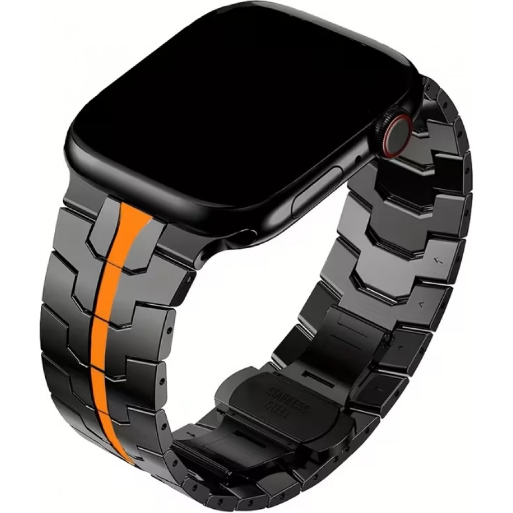 Luxus Edelstahl Gliederarmband mit orangefarbener Band - Schwarz - Apple Watch 44/45/46 mm