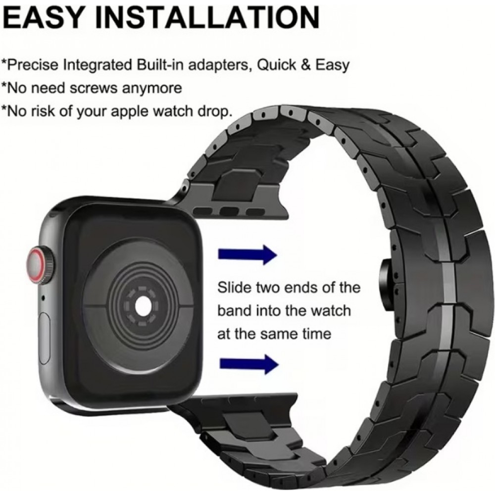 Luxus Edelstahl Gliederarmband mit orangefarbener Band - Schwarz - Apple Watch 44/45/46 mm