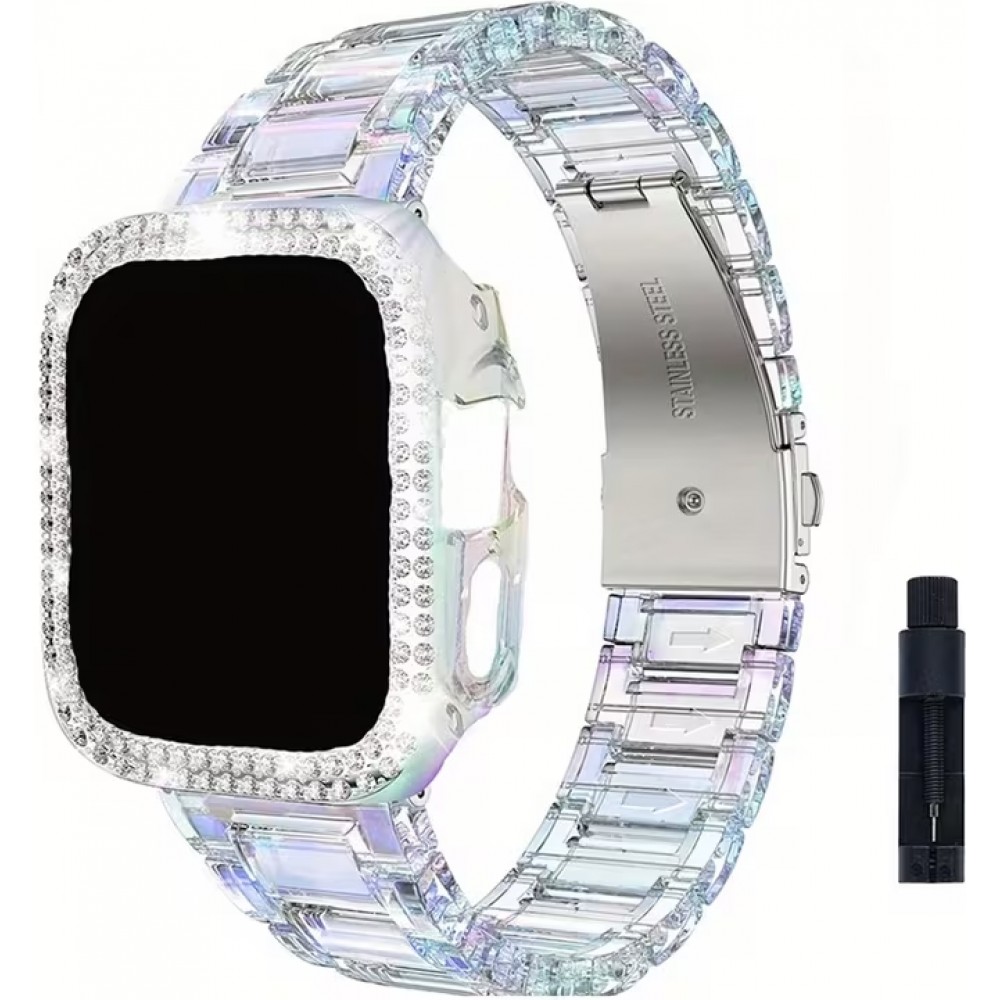 Transparentes glitzerndes Armband mit Strass-Steinen - Weiss - Apple Watch 10 (42 mm)