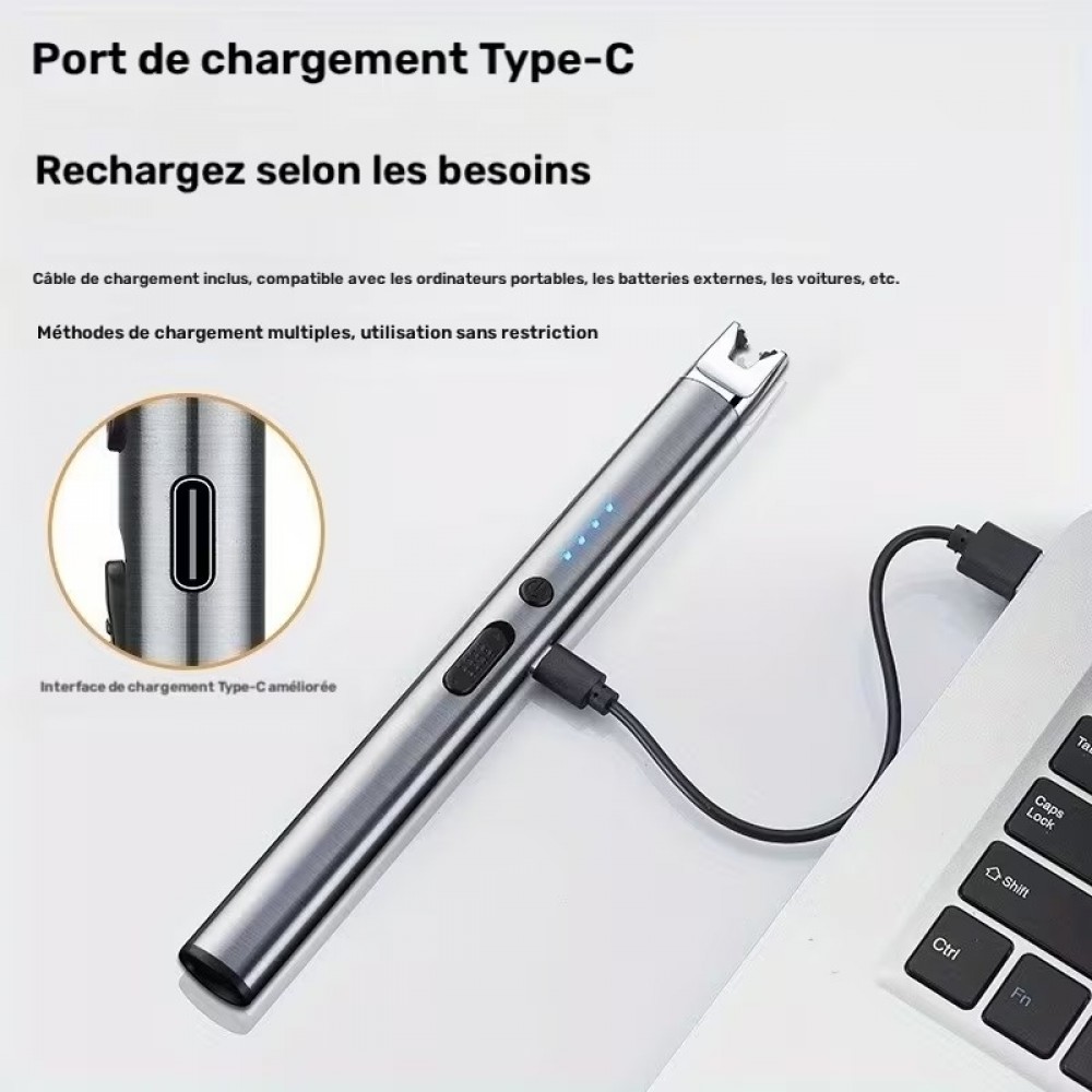 Briquet &eacute;lectrique USB rechargeable &agrave; arc plasma sans flamme compact batterie 170 mAh - Argent