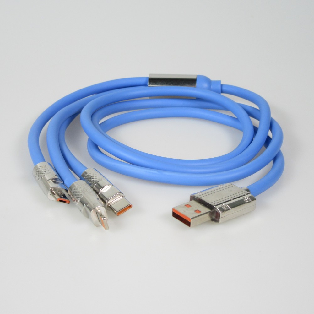 Câble 3 en 1 USB-A bleu Lightning / USB-C / Micro USB (1 m) en silicone résistant et léger - Bleu