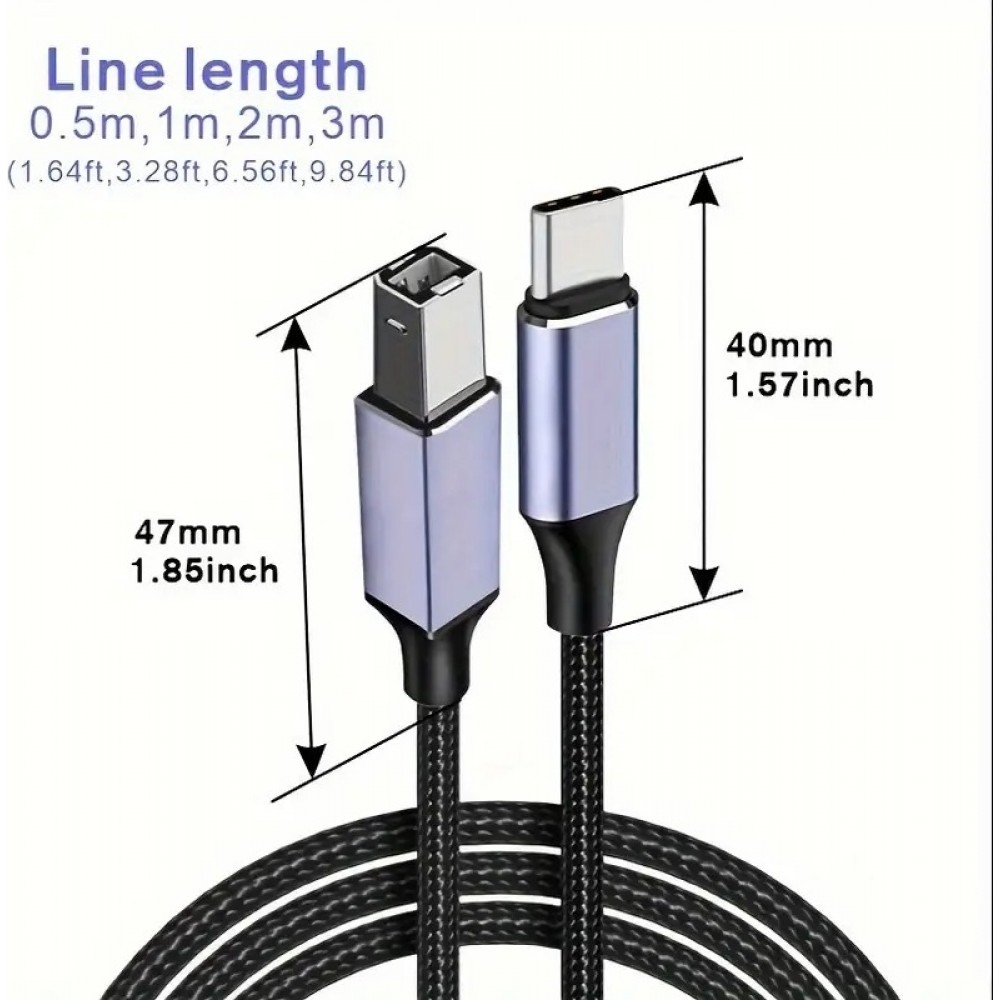 USB-B zu USB-C Adapterkabel leicht und flexibel kompatibel mit verschiedenen Geräten Nylon (2 m) - Schwarz
